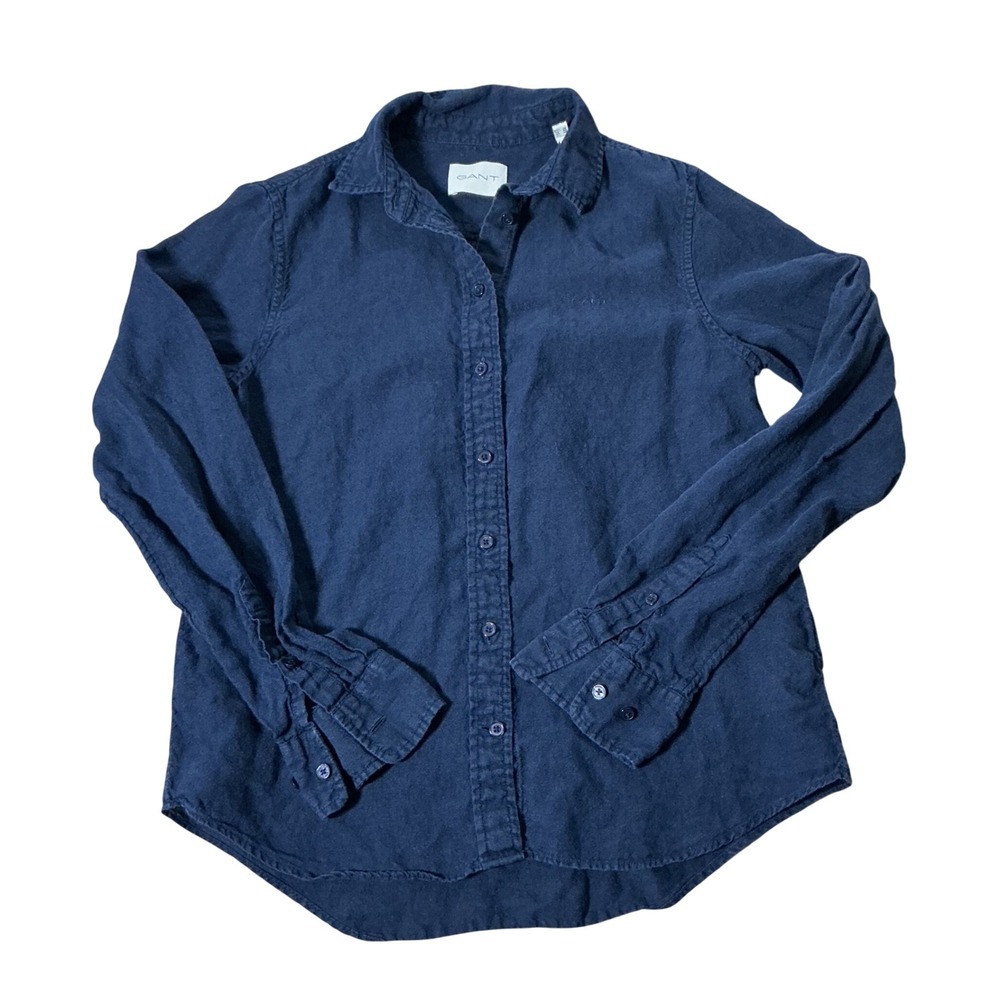 Gant Coastal Preppy Linen Button Down Shirt Womens 4 Navy Blue Long Sleeve Logo